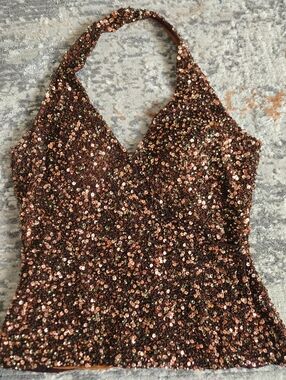 Vintage SCALA Golden Brown Metallic Sequin Halter Top Party 80s Y2K Disco Sz L